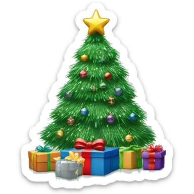 christmas tree covered in tinsel with monochromatic wrapped presents underneath sticker