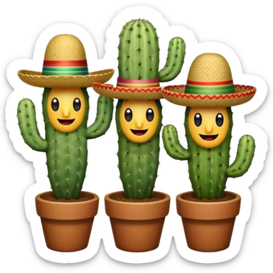 three cactuses side by side, each with different colored Mexican hats, one cactus cheeky grin, one smiling, one surprised, bright playful emoji style sticker