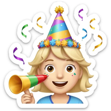 smiling face wearing a party hat, blowing a party horn, with confetti around sticker