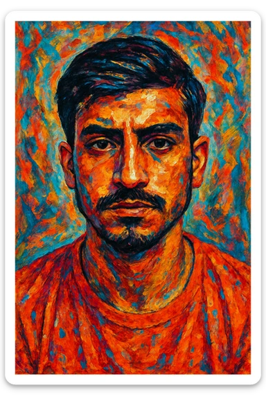 Create a bold, expressive mixed-media portrait using the face from the reference photo. The image should be a close-up headshot, front-facing with a slightly upward chin tilt to convey confidence, attitude, and artistic intensity. The style should be artistic, textured, and colorful, capturing a mixed-media art feel with vibrant and dynamic brush strokes and textures. sticker