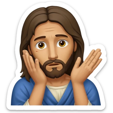 my workmate accidentally misspelled "Jesus christ" as "Jesbus christ", make an emoji of jesus with his hands on his face looking like hes ironically in pain sticker