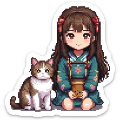 brown-haired Asian girl with a blue and white Manchikon cat, both cute sticker