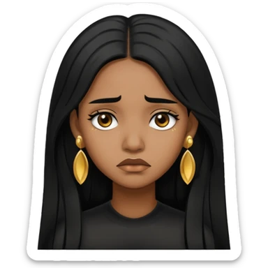 medium brown skin tone girl who has long layered black hair with gold stud earrings  who is sad  sticker