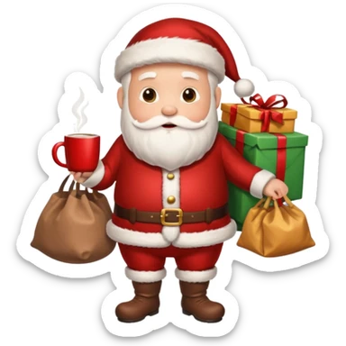Санта клаус с мешком подарков за спиной и кружкой какао в руке sticker