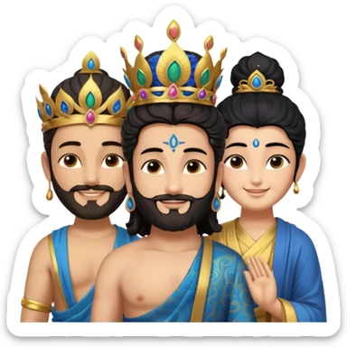 Create a Jesus, Krishna, and Buddha standing together. Buddha: warm golden or light tan skin, dark curled hair with a traditional top bun (ushnisha), half-closed meditative eyes

 sticker