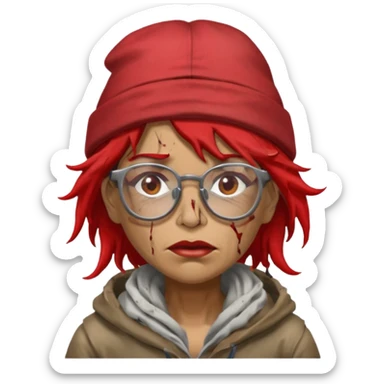 very dirty looking homeless woman with ripped red hat with ugly hair and glassess sticker