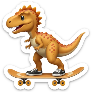 Dinosaur skateboarding at the skate park wearing a t-shirt and doing six seven sticker