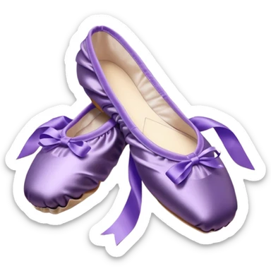 cinematic-realistic-ballet-shoes,-soft-satin-purple-pointe-shoes-with-delicate-ribbons,-resting-gently-on-a-polished-wooden-floor,-subtle-creases-in-the-fabric,-glowing-under-the-warm-golden-light-of-a-rehearsal-studio,-evoking-ele sticker