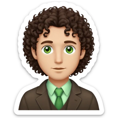 man with waist-length dark brown curly hair and light green eyes sticker