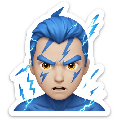 Rayos, centellas y estrellas en una cara color azul con expresiones de furia sticker