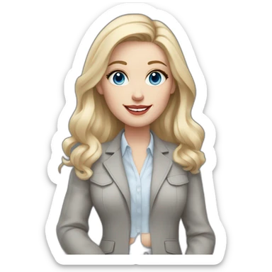 pale skin woman interior designer with cold blonde middle length hair, blue eyes, White blouse, Gray oversize jacket, Gray skirt holding a color palette in the hands sticker