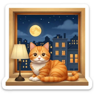 Window with cat on sill + lamp glow, Apartment Windows. sticker