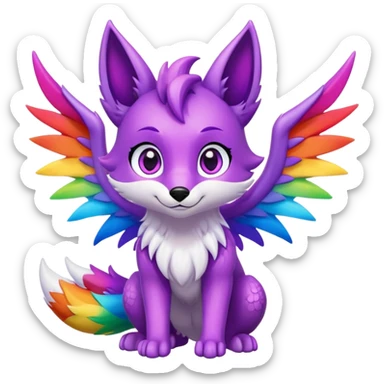 Cartoon Fox dragon hybrid purple eyes with wings face front full body rainbow colored sticker