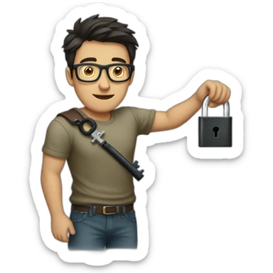 dark-short-haired man with glasses struggling to fit a key into a lock sticker