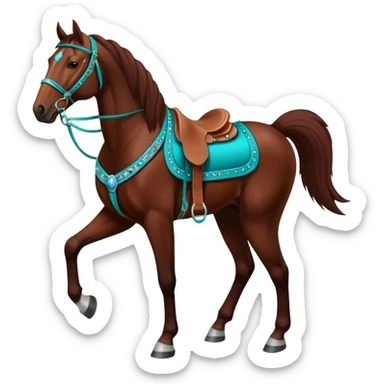 Dark chestnut horse with turquoise western tack full body standing still sticker