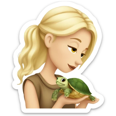 European girl with blond hair kiss little turtle sticker