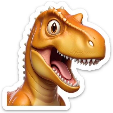 Cinematic Comical T-rex Portrait Emoji, Head tilted dramatically with an exaggeratedly shocked expression, featuring its iconic massive head, tiny comically expressive arms, and wide, playful eyes full of humorous disbelief, Simplified yet hilariously expressive features, highly detailed, glowing with a slightly sassy prehistoric glow, high shine, dramatic yet playful, stylized with an air of cheeky dinosaur mischief, soft glowing outline, capturing the essence of a meme-worthy T-rex that looks ready to side-eye its way into viral fame! sticker