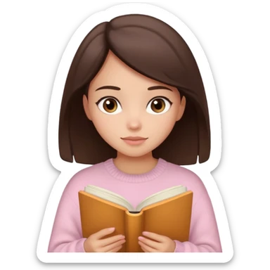 Pretty brown eyed brunette girl with light pink sweater reading cozy sticker