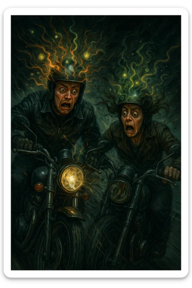 motociclisti spaventati perchè stanno per avere incidente a causa dell'infezione Toxoplasma che altera le loro menti sticker