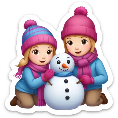 kids building a snowman, simple and expressive sticker