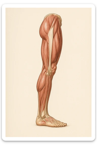 muscular left leg, realistic, detailed anatomy, medical illustration style sticker