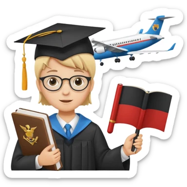 A child looking at a map 🗺️👀, a magnifying glass over different country flags 🔍🏳️, a passport and a plane ticket ✈️📄, and a student celebrating with books and a diploma 🎉📚🎓." sticker
