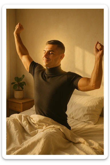 A cinematic photo of a man stretching in bed just after waking up, the morning sunlight flooding the room. His skin glows slightly, expression rested and serene. Muscles subtly defined, energy flowing through his posture. The air is filled with a golden calm. A symbolic glow surrounds his head and chest, representing mental clarity and physical recovery. The scene is clean, natural, minimalist. Rich in textures and realistic warmth. sticker