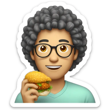 Asian man with round glasses and natural perm eating chicken sticker