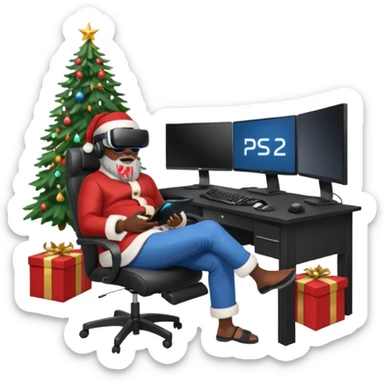 Informaticien homme noir full-body, week-end détente, assis à son bureau moderne avec ordinateur affichant du code. Il porte un casque VR et tient une manette PS 2025. À côté de lui, le Père Noël souriant, sapin illuminé et cadeaux autour. sticker