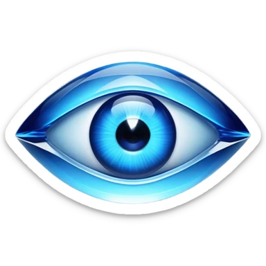 Cinematic Realistic image of a glass Evil Eye blue stone, rendered with translucent, luminous blue hues and finely cut facets that catch soft reflective light, set against a dark, minimalist backdrop to emphasize its mystical allure. sticker