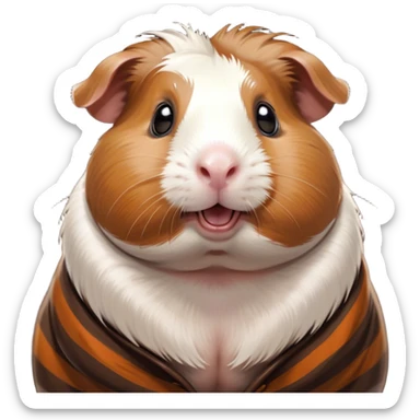 Cinematic Comical Brown and White Banded Guinea Pig Portrait Emoji, Head tilted dramatically with an exaggeratedly amused expression, featuring a striking coat with bold brown and white banding, wide, expressive dark eyes filled with playful disbelief, Simplified yet hilariously expressive features, highly detailed, glowing with a slightly sassy glow, high shine, dramatic yet playful, stylized with an air of cheeky mischief, bright and endearing, soft glowing outline, capturing the essence of a spirited and over-the-top guinea pig, so meme-worthy it feels like it could side-eye its way into internet fame instantly! sticker