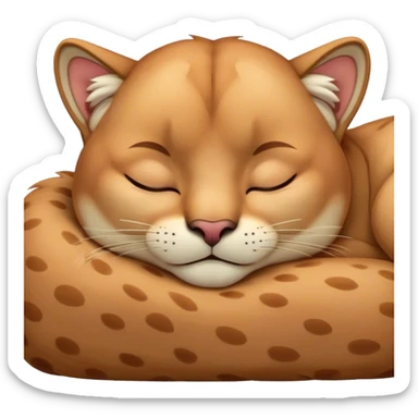Meme-Worthy Cute Sleeping Cougar Portrait Emoji, Head resting peacefully with a contented smile, showcasing a lithe build and a luxuriously soft tawny Fur, eyes shut in a serene, restful nap, Simplified yet hilariously adorable features, highly detailed, glowing with a soft, drowsy light, high shine, relaxed and utterly lovable, stylized with an air of playful laziness, bright and heartwarming, soft glowing outline, capturing the essence of a comically sleepy cougar, so meme-worthy it feels like it could instantly become the next viral sensation of adorable slumber! sticker