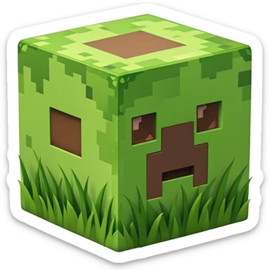 Minecraft grass block, square shape, brown and green, smooth sticker
