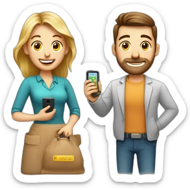 Design an emoji: Man and woman with phones in a bank, expressing surprise – "No Payees Added" for a friendly baking app interface.  sticker