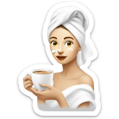 Russian girl with a towel on her head,  sheet moisturizing mask on the face and a cup of coffee in hand sticker