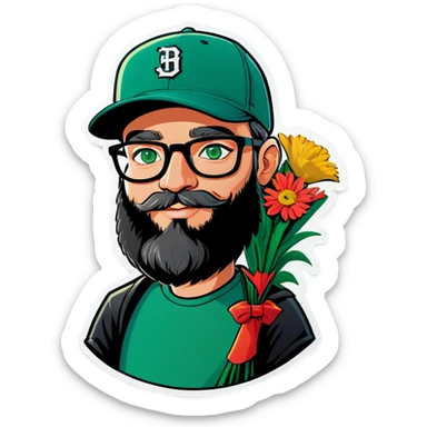 A bold man with a grey baseball cap, green eyes, big beard and glasses, holding a bouquet  sticker