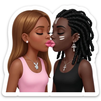 (Bimbo, pearl earrings stud, Light pink cute lips, long middle part with long honey brown hair, dark brown skin, playboy necklace with lashes, light pink sleeveless shirt, kissing the goth black girl with brown skin, cross earrings, ankh necklace with black dreadlocks with white paint on face sticker