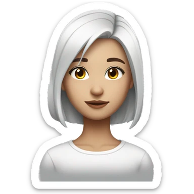 Girl of short straight hair with Tomboy style cut, pure white hair color with gray gradient at the ends of her hair, she has heterochromia sticker
