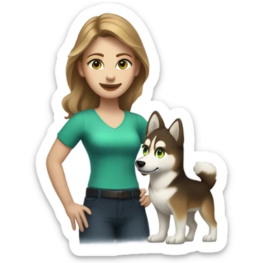White Woman hair brown and bleus eyes and golden Husky With green eyes sticker