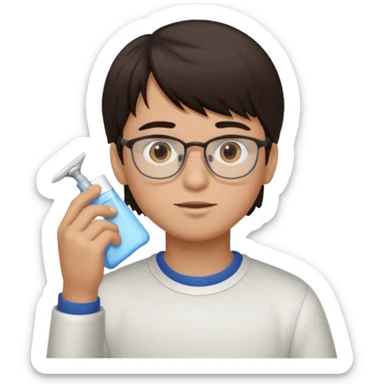 boy dark brown hair with bangs with straight eyebrows cleaning sticker