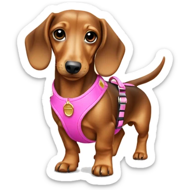 Gold miniature dachshund with pink harness sticker