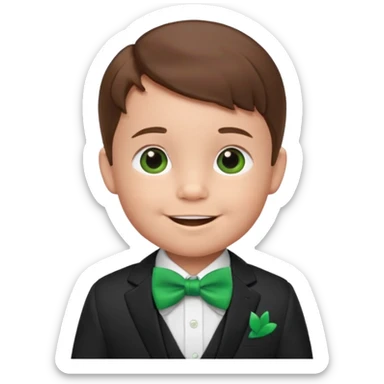baby cute boy, brown hair in suit, with green bow, smile sticker