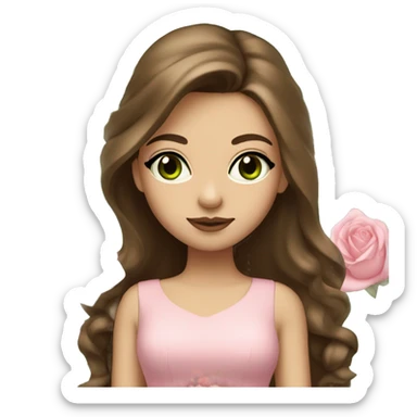 girl long brown hair, big lips green eyes, very fair skin and a pink dress and white roses sticker