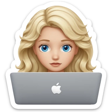 blond girl, blue eyes, hair wavy, , behind her silver colored laptop from apple sticker