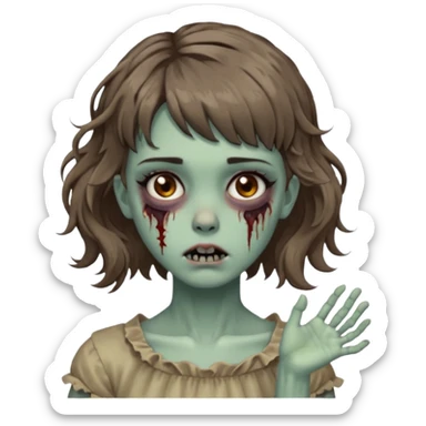 Cabelo ondulado  um pouco cheio e franja curta  Olhos marrons e pequenos e feita d ezumbi mais bonita com cabelo amarro na e com as mãos assim tipo assim🧟‍♀️ sticker