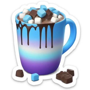 Gradient blue hot chocolate mug with realistic blue and purple marshmallows and chocolate drizzle on top sticker