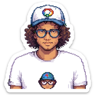 man with a New Era cap, curly hair, and glasses, pixel art style sticker