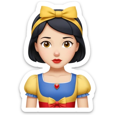 Snow White from hips up, blue top with yellow skirt, short black hair with red headband, minimal style but clearly recognizable sticker