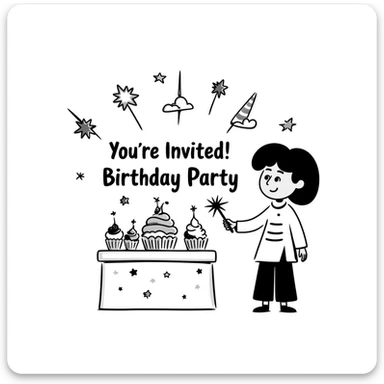 colorful magical themed birthday party invitation illustration with sparkles, wands, whimsical decorations, and the text: "You're Invited! Birthday Party at 100 Post St, San Francisco, May 10, 2025" sticker
