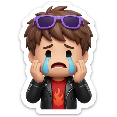 Crying Roblox boy avatar emoji, brown hair, purple sunglasses, black leather jacket, red shirt with flame design, gray jeans, sad expression, big tears coming from eyes, mouth slightly open, emotional pose with hands near face, cute 3D cartoon style, gaming emoji style, soft lighting sticker